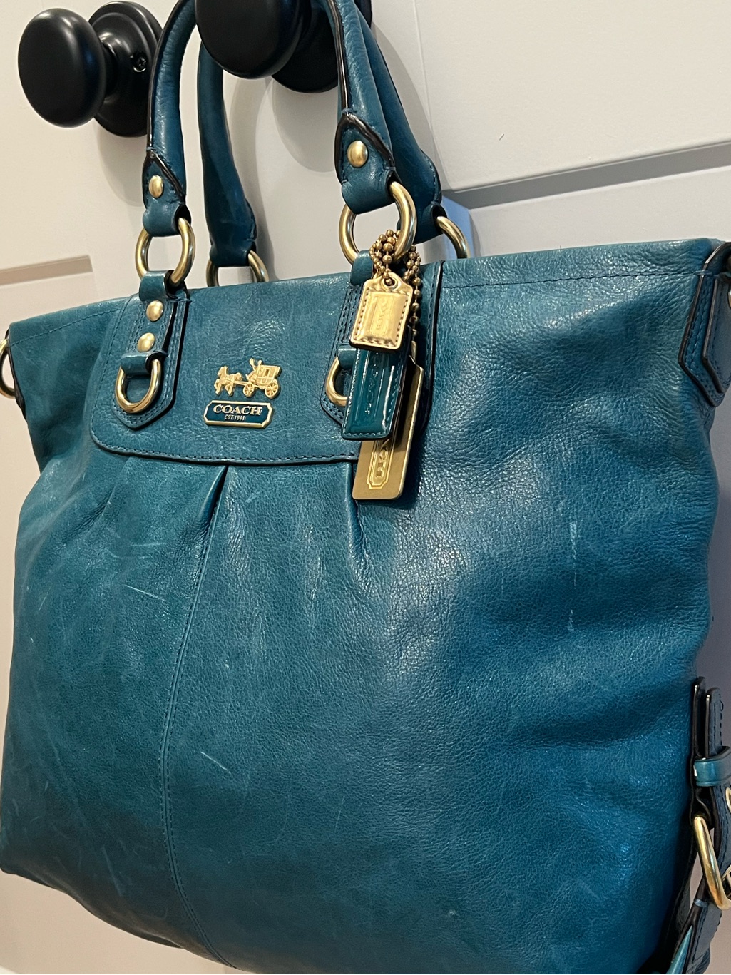 Rare, Coach Teal Blue Leather Tote With Gold Hardware